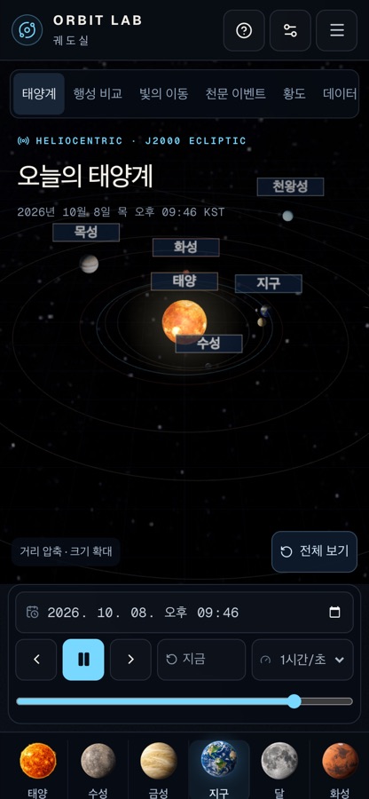 태양계 화면. 2026년 10월 8일 밤 시각의 3D 태양계에 태양, 수성, 지구, 화성, 목성, 천왕성 이름표가 붙어 있고, 아래에 날짜 입력과 재생 버튼, 천체 선택 줄이 보인다.